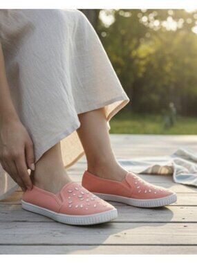 Coral Rhinestone Embellished Canvas Casual Slip On Shoes Ladies Size 8